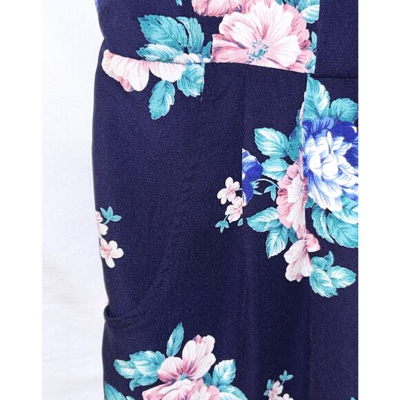 Monteau Round Neck Navy Blue & Floral Romper w/ Pockets Small - Picture 2 of 6